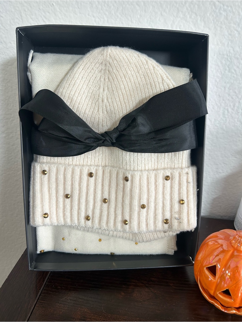 BCBG Cream Knit Beanie and Scarf Set with Gold Studs